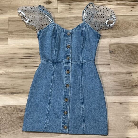 Missguided Front Button Ruffle Sleeve Denim Mini Dress Women’s 4 - Picture 2 of 3